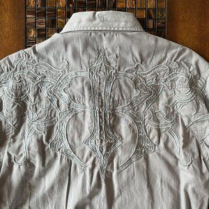 ROAR Men's Med Gray Embroidered Distressed Long Sleeve Button Shirt Covert